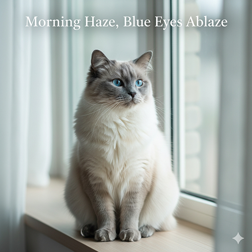 Mèo Ragdoll blue point ngồi bên cửa sổ sáng sớm với đôi mắt xanh nổi bật