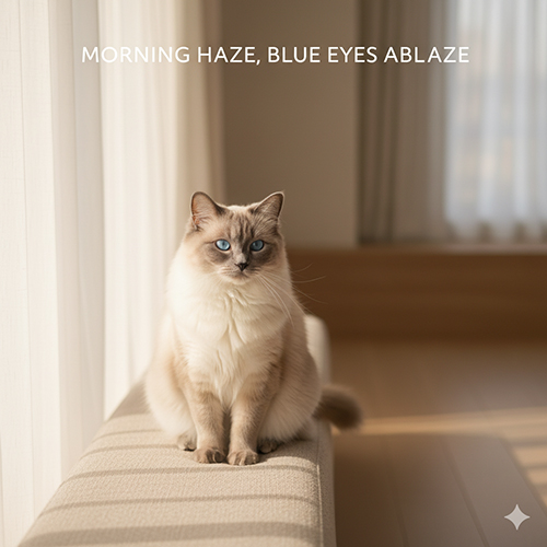 Mèo Ragdoll blue point ngồi trong nắng sớm, ánh sáng dịu làm nổi bật đôi mắt xanh