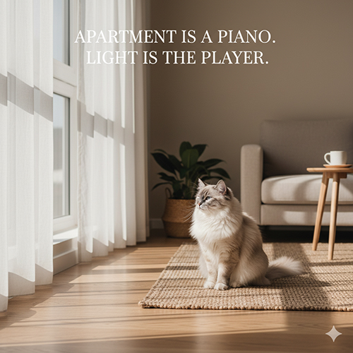 Mèo Ragdoll trong căn hộ sáng, ngồi trên thảm dệt cạnh cửa sổ và rèm trắng