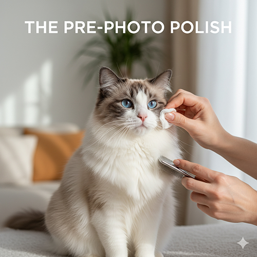 Mèo Ragdoll được chải vùng cổ và lau góc mắt trước khi chụp để ảnh sạch sẽ hơn