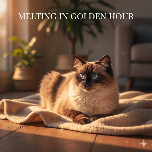 Mèo Ragdoll màu Chocolate nằm trong ánh hoàng hôn ấm áp