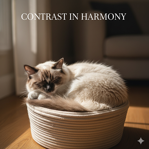 Mèo Ragdoll colorpoint cuộn tròn trong ổ dưới nắng, mặt tai chân đuôi đậm màu