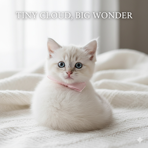 Mèo Ragdoll con 2–4 tháng high-key, mắt to ngây, đeo ruy-băng hồng trên mền trắng