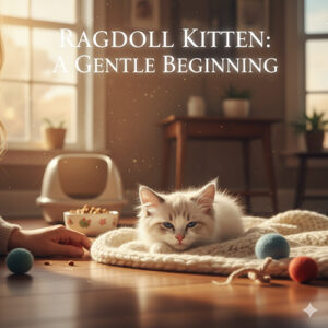 Mèo Ragdoll con nằm trên thảm, không gian ấm áp, ảnh minh họa cho cẩm nang chăm từ 0–12 tháng