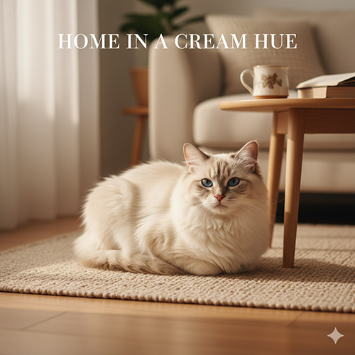 Mèo Ragdoll màu Cream nằm trên thảm trong không gian gỗ sáng và nội thất be