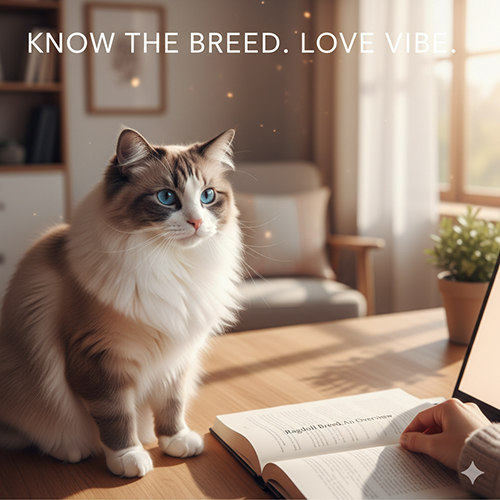 Mèo Ragdoll ngồi trên bàn cạnh sách và laptop trong ánh sáng ấm, gợi ý điều hướng nội dung