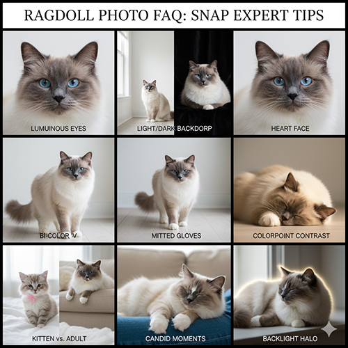 Collage FAQ chụp ảnh mèo Ragdoll gồm mắt xanh, nền sáng tối, mặt tim, bicolor, mitted, colorpoint và kitten vs adult