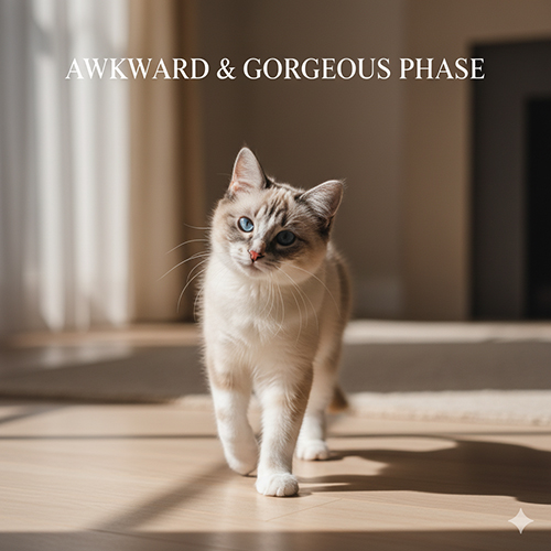 Mèo Ragdoll 5–8 tháng bước trong nắng, dáng dài và đầu hơi nghiêng