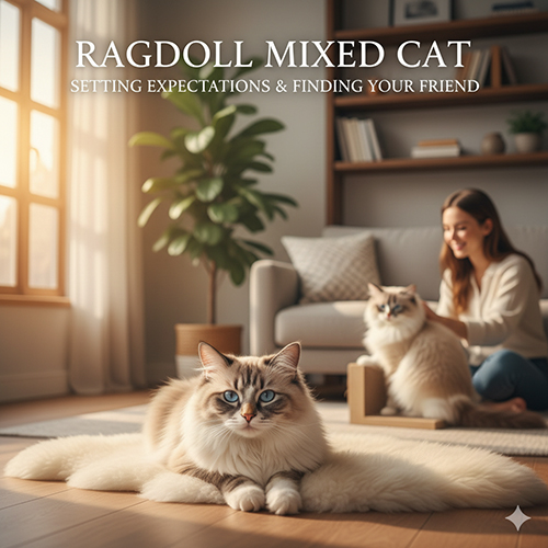 Ảnh mèo Ragdoll lai nằm thư giãn trong phòng khách, phía sau là người phụ nữ đang chơi với mèo, ánh sáng ấm áp