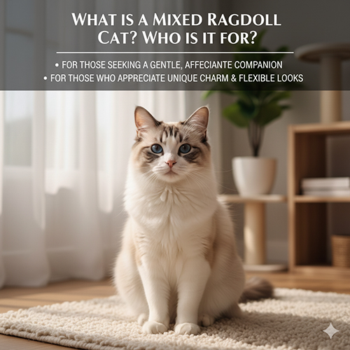 Ảnh mèo Ragdoll lai ngồi trên thảm trong phòng sáng, nhìn thẳng vào máy ảnh với vẻ hiền và dễ thương