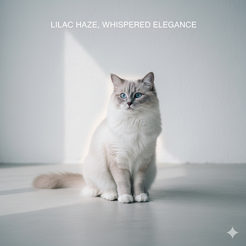 Mèo Ragdoll màu Lilac ngồi trong không gian tối giản, ánh sáng nhẹ phía sau