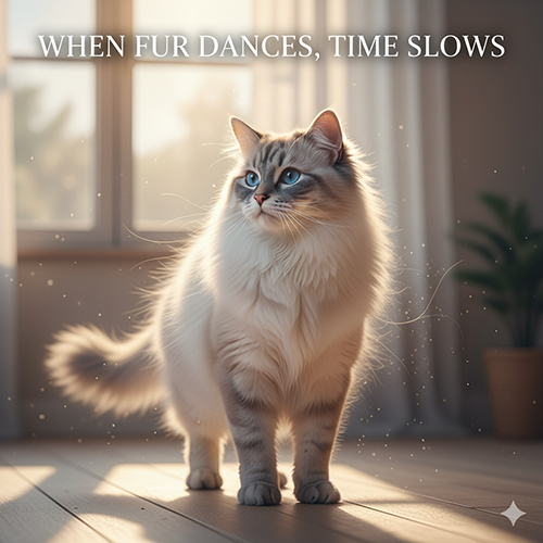 Mèo Ragdoll đứng trong phòng, lông bay nhẹ tạo cảm giác bồng bềnh