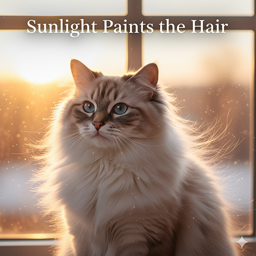 Mèo Ragdoll trong nguồn sáng ngược, lông bay tạo viền sáng mềm mại