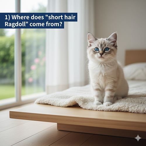 Mèo con mang vibe Ragdoll ngồi trên giường, minh họa cho câu hỏi nguồn gốc “Ragdoll lông ngắn”.