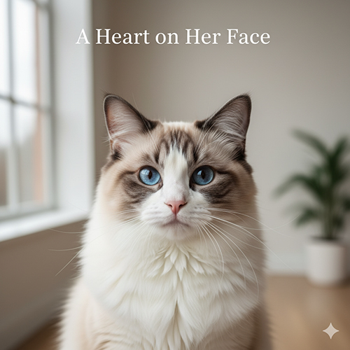 Mèo Ragdoll mặt tim chụp chính diện, pattern đối xứng rõ ràng