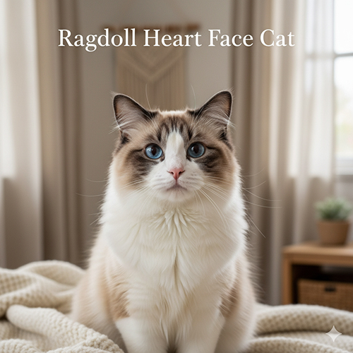 Mèo Ragdoll mặt tim với mảng màu ôm mặt tạo hình trái tim, ánh mắt xanh nổi bật trong không gian ấm