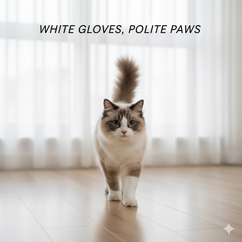 Mèo Ragdoll mitted với găng tay trắng và cằm trắng đặc trưng đang bước về phía trước