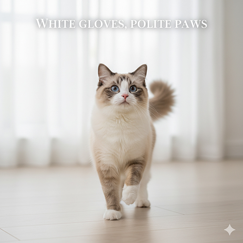 Mèo Ragdoll mitted với găng tay trắng, dáng đứng đáng yêu trong phòng sáng