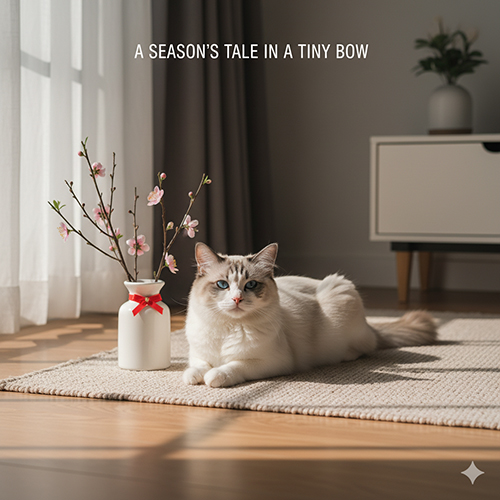 Mèo Ragdoll nằm trên thảm cạnh bình hoa nhỏ trang trí mùa lễ trong nắng sớm