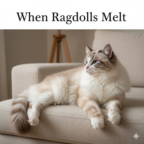 Mèo Ragdoll trưởng thành nằm nghiêng thư thái trên sofa màu be