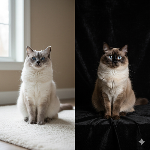 Hai mèo Ragdoll với màu lông khác nhau chụp trên nền sáng và nền tối để so sánh