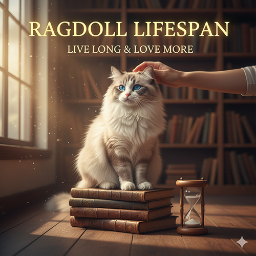 Mèo Ragdoll ngồi trên chồng sách, được vuốt ve, bên cạnh đồng hồ cát tượng trưng cho tuổi thọ.