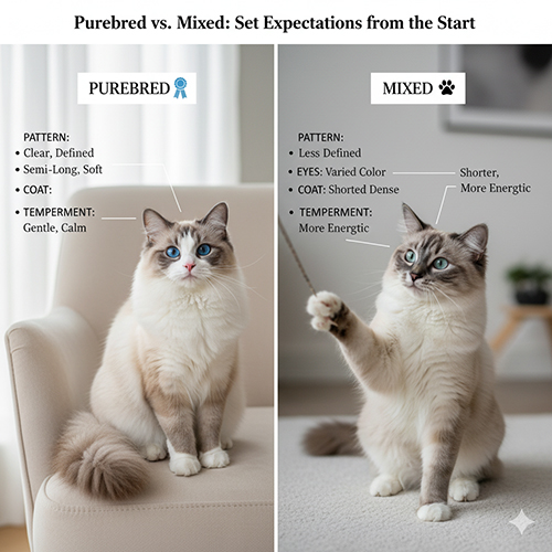 So sánh mèo Ragdoll thuần chủng và lai qua ảnh: thuần có pattern rõ, mắt xanh, coat bán dài; lai coat ngắn hơn, mắt màu khác và năng động hơn.