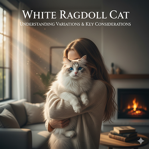 Mèo Ragdoll trắng trong nhà, lông mềm mượt, mắt xanh, hình minh họa cho bài viết về nhận diện và các biến thể màu trắng.