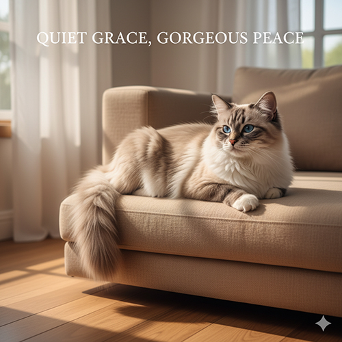 Mèo Ragdoll trưởng thành nằm thư thái trên sofa be, form đầm và thần thái yên bình