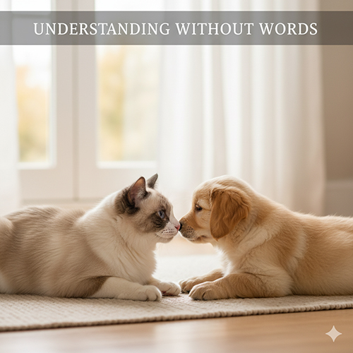 Mèo Ragdoll và chó con nằm gần nhau, chạm mũi trong không gian sáng