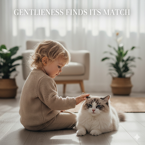 Mèo Ragdoll nằm cạnh một bé nhỏ trong phòng sáng, cả hai đều dịu dàng và bình yên