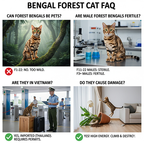 Bảng FAQ về mèo rừng Bengal gồm bốn hình minh họa: mèo Bengal trong rừng, mèo trong phòng thí nghiệm, mèo ở sân bay và mèo leo phá trong nhà