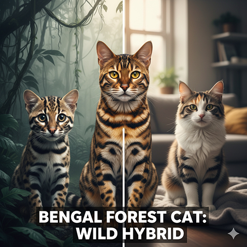 Ba chú mèo đứng cạnh nhau minh họa quá trình lai giữa mèo báo châu Á, mèo Bengal và mèo nhà trong không gian rừng và phòng khách