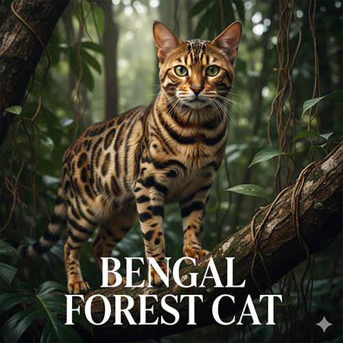 Mèo rừng Bengal đứng trên cành cây giữa rừng, lông nâu vàng với hoa văn rosette rõ nét và đôi mắt vàng đồng