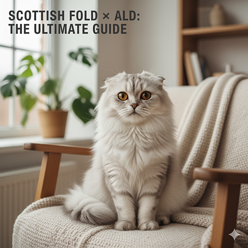 Mèo Scottish Fold lai Anh lông dài màu silver ngồi trên ghế gỗ trong phòng sáng, dáng tròn chắc, lông dài mượt, tai cụp đẹp.