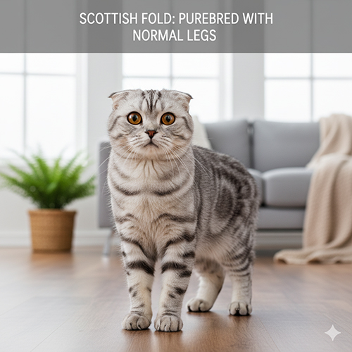 Mèo Scottish Fold màu silver tabby với đôi tai cụp và chân bình thường đang đứng trong phòng khách