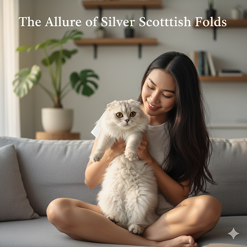 Mèo Silver tai cụp Scottish Fold được cô gái bế trên ghế sofa, lông bạc mượt và ánh sáng tự nhiên