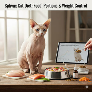 Mèo Sphynx bên bát thức ăn với bảng đánh giá BCS và các loại thịt tươi.