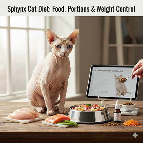 Mèo Sphynx bên bát thức ăn với bảng đánh giá BCS và các loại thịt tươi.
