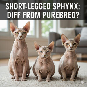 Ba mèo Sphynx chân ngắn ngồi cạnh nhau trong phòng khách, ảnh minh họa bài viết về sự khác biệt giữa Sphynx chân ngắn và Sphynx thuần