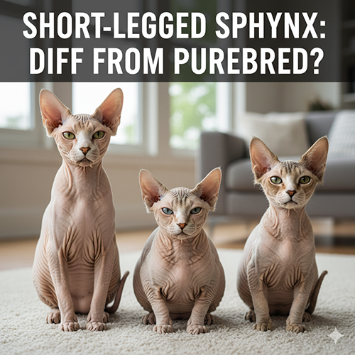 Ba mèo Sphynx chân ngắn ngồi cạnh nhau trong phòng khách, ảnh minh họa bài viết về sự khác biệt giữa Sphynx chân ngắn và Sphynx thuần