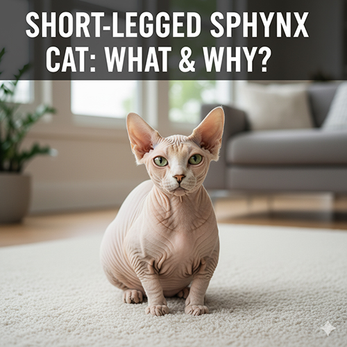 Mèo Sphynx ngồi trên thảm sáng trong phòng khách, dùng minh họa cho nội dung giải thích vì sao nhiều người gọi các bé không lông chân ngắn là mèo Sphynx chân ngắn