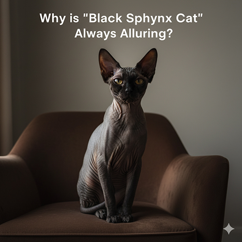 Mèo Sphynx đen ngồi trên ghế nâu, ánh sáng nhẹ tạo độ tương phản làm nổi bật da trần và đường nét gương mặt