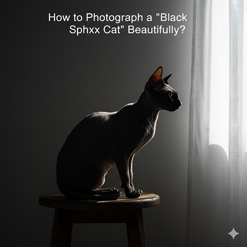 Mèo Sphynx đen tạo dáng silhouette trên ghế gỗ, ánh sáng cửa sổ hắt bên làm nổi viền tai và sống lưng