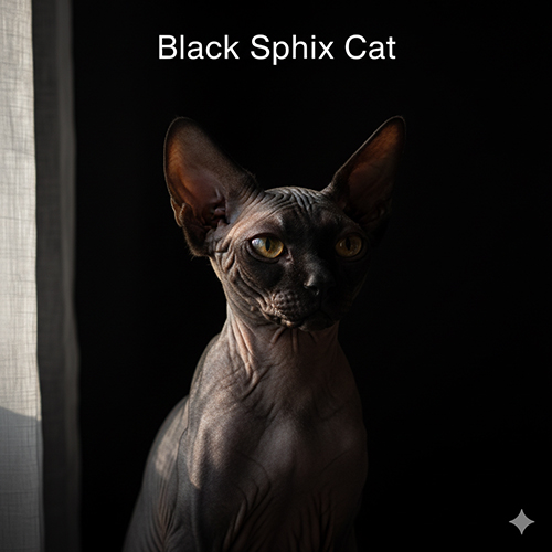 Mèo Sphynx đen ngồi trong ánh sáng cửa sổ, phông nền tối tối giản đậm chất điện ảnh