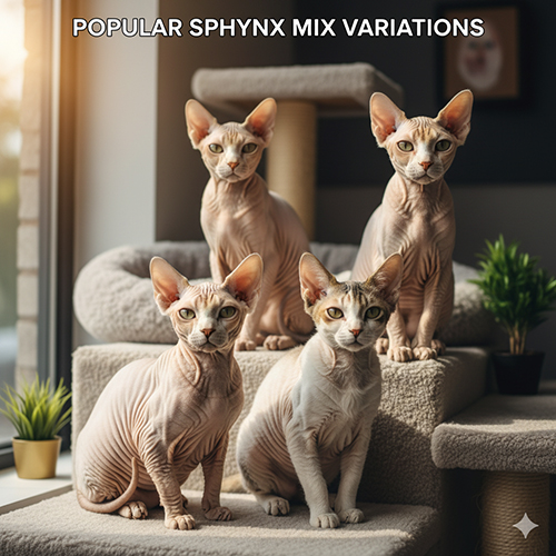 Bốn mèo Sphynx lai ngồi trên cây leo mèo trong ánh sáng chiều, minh họa các biến thể Sphynx lai phổ biến.