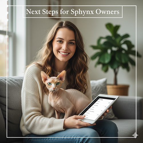Người nuôi ôm mèo Sphynx lai và cầm tablet hiển thị danh sách bài viết, minh họa bước điều hướng tiếp theo trong cluster.