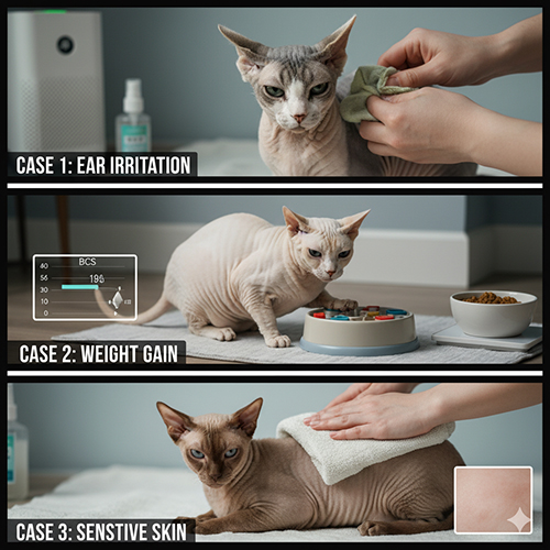 Ba hình minh họa các tình huống chăm sóc mèo Sphynx lai: kích ứng tai, tăng cân và da nhạy cảm.