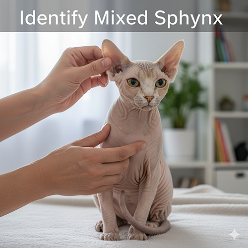 Một bé mèo Sphynx lai đang được kiểm tra tai và đầu bằng tay, minh họa cách nhận biết đặc điểm Sphynx lai.