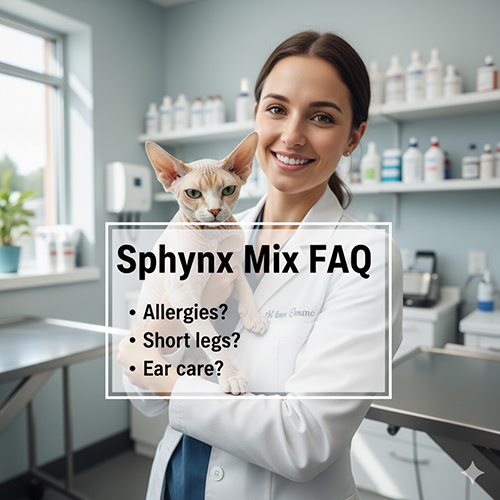 Bác sĩ thú y bế mèo Sphynx lai trong phòng khám, minh họa phần giải đáp câu hỏi thường gặp.